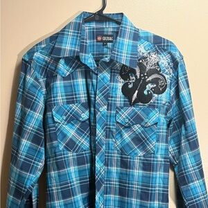 Culture‎ Western Cowboy Shirt Blue Plaid Y2K Fleur-de-Lis Embroidered Concert